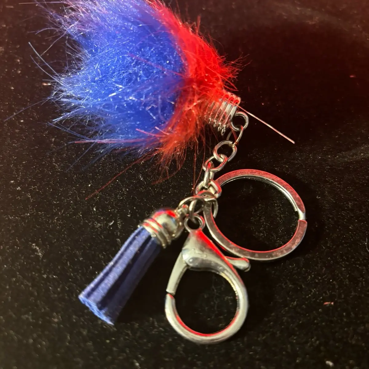 Fox Tail Keychain with Blue Tassel - Red and Blue
