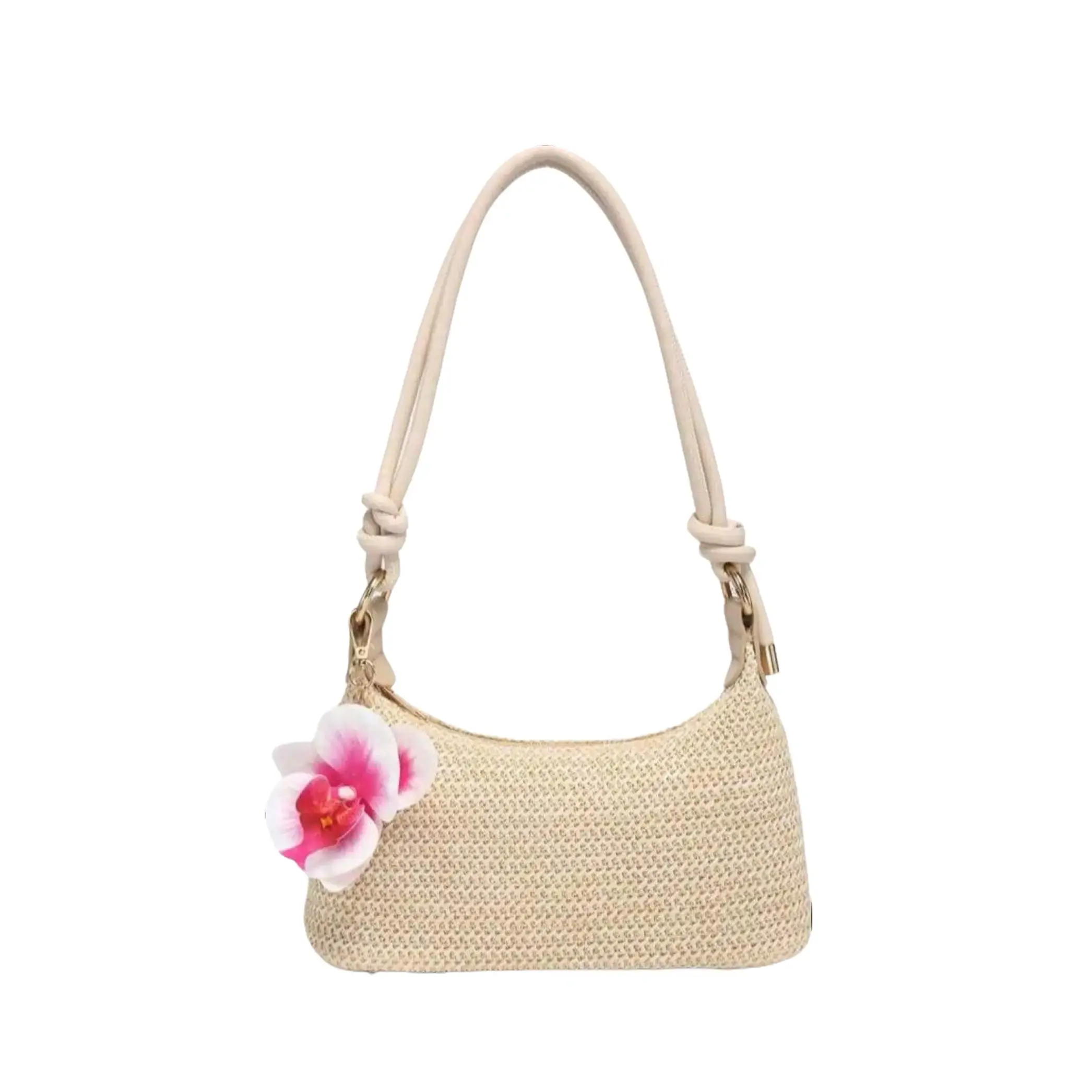 Women's Large Capacity Underarm Shoulder Bag, Lightweight Beach Bag, Square Handbag with PU Rope Flower Pendant, Casual Fashionable Beach Vacation Style Purse Clutch, Suitable for Shopping Vacation Daily Use