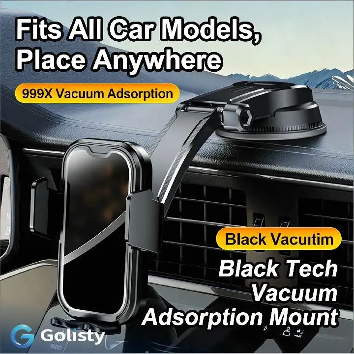 Black Tech Vacuum Car Phone Holder Cell Phone Mount for Dashboard Windshield Vent Wall Truck Cradle Stand for iPhone 17 Pro Max 16 15 14 13 Android with 999X Vacuum Suction