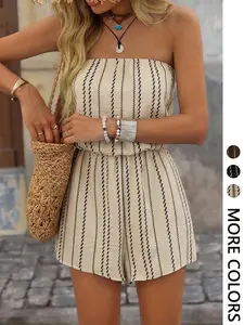 Women's Striped Print Beach Holiday Jumpsuit, Sleeveless, Elegant Fitted Casual Style, Perfect for Vacation Wear, Comfortable & Stylish Beach