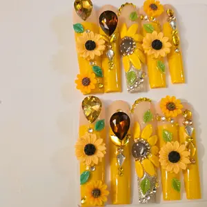 Sunflower Long Press On Nails with Embellishments and Decorative Design