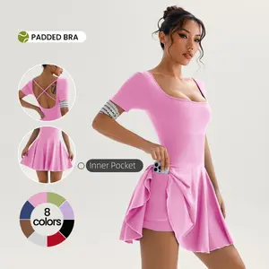 Hijesse Women's Square Neck Tennis Dress with Padded Bra & Inner Pocket, Sporty Skort Dress for Workout Golf Athletic