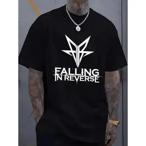 Falling In Reverse Graphic T-Shirt For Men Black Cotton Short Sleeve Tee With Bold White Design Comfortable Round Neck Casual Wear Streetwear Crewneck Tropical Menswear