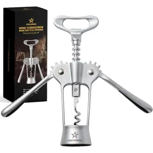 Heavy-Duty Zinc Alloy Wing Corkscrew Wine Bottle Opener with Sharp Spiral Screw Round Handles Matte Silver