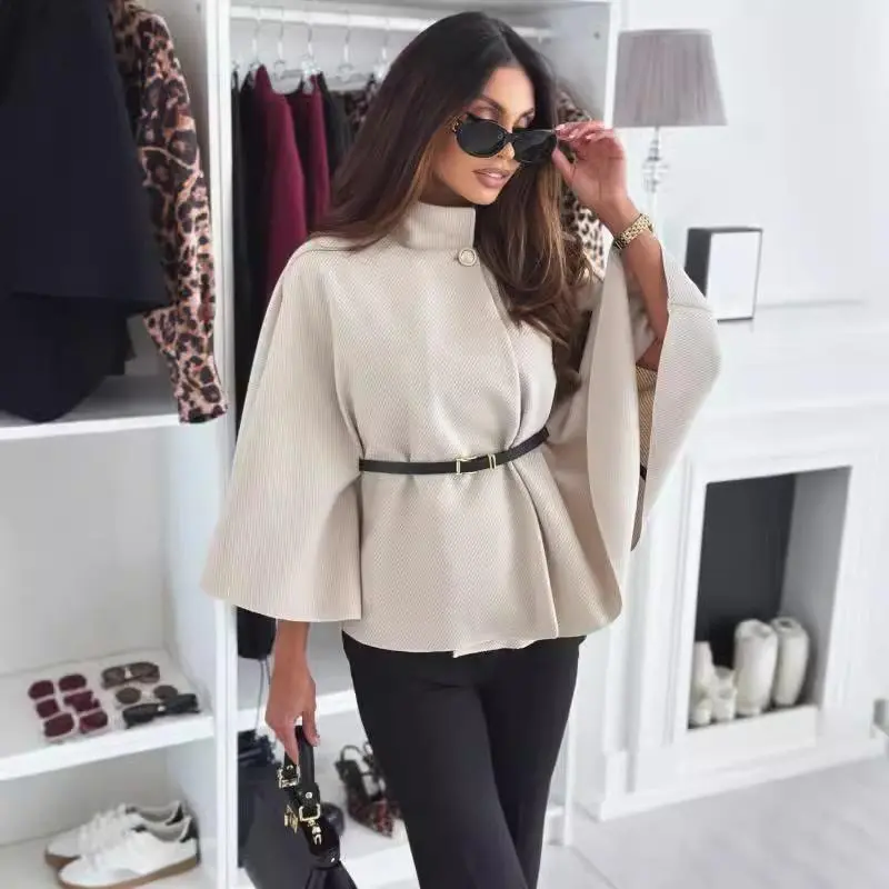 Autumn Winter Women Single Buckle Batwing Sleeve Coat Elegant Lady Cloak Cape Woollen Tweed Poncho Thick Warm Loose Outwear Tops Shirts Womenswear Blouses Jackets Outerwear