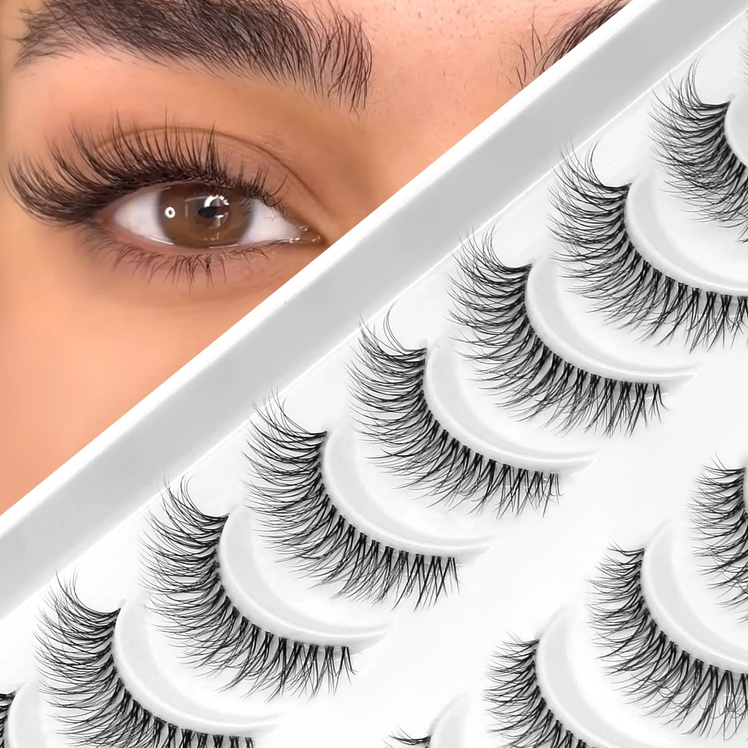 GROINNEYA Cat Eye Lashes, Natural Look False Eyelashes, Eyelash Falsies, Bulk Pack 5/10 Pairs, Lightweight Curled Faux Mink Eyelashes, Transparent Thin Band, Eyelash Extension, Soft Wispy Effect Lashes Suitable for Daily Wear and Makeup