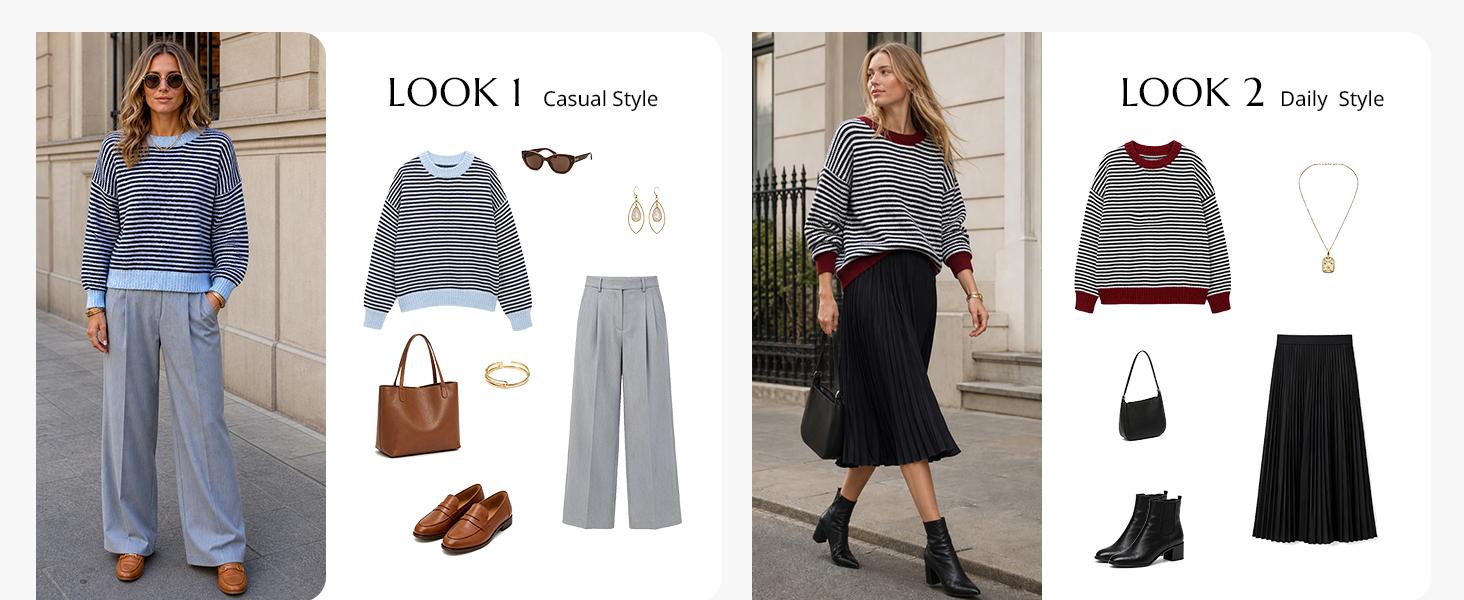 Cicy Bell Womens Striped Sweater Casual Loose Fit Color Block Knit Pullover Sweaters Crewneck Long Sleeve Tops