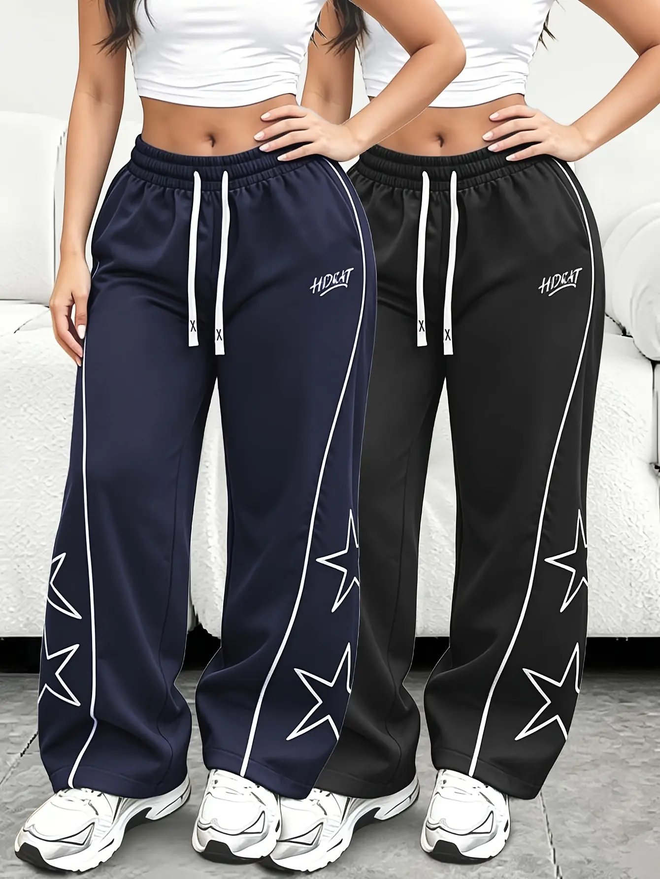 2-pack women’s sweatpants with star embroidery and side stripes, adjustable drawstring waist, lightweight and loose straight-leg street-style long pants for everyday casual wear
