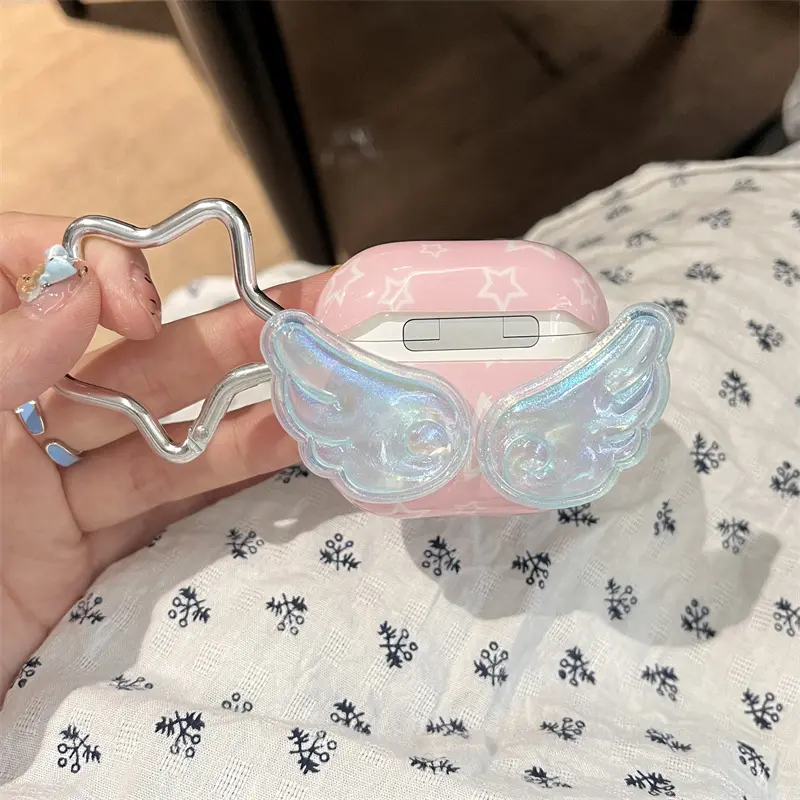 Pink Cute Star Stereoscopic Blue Wings Earphone Protective Cover with Star Buckle for AirPods 1 2 3 4 Pro Pro2 Headphone Accessories