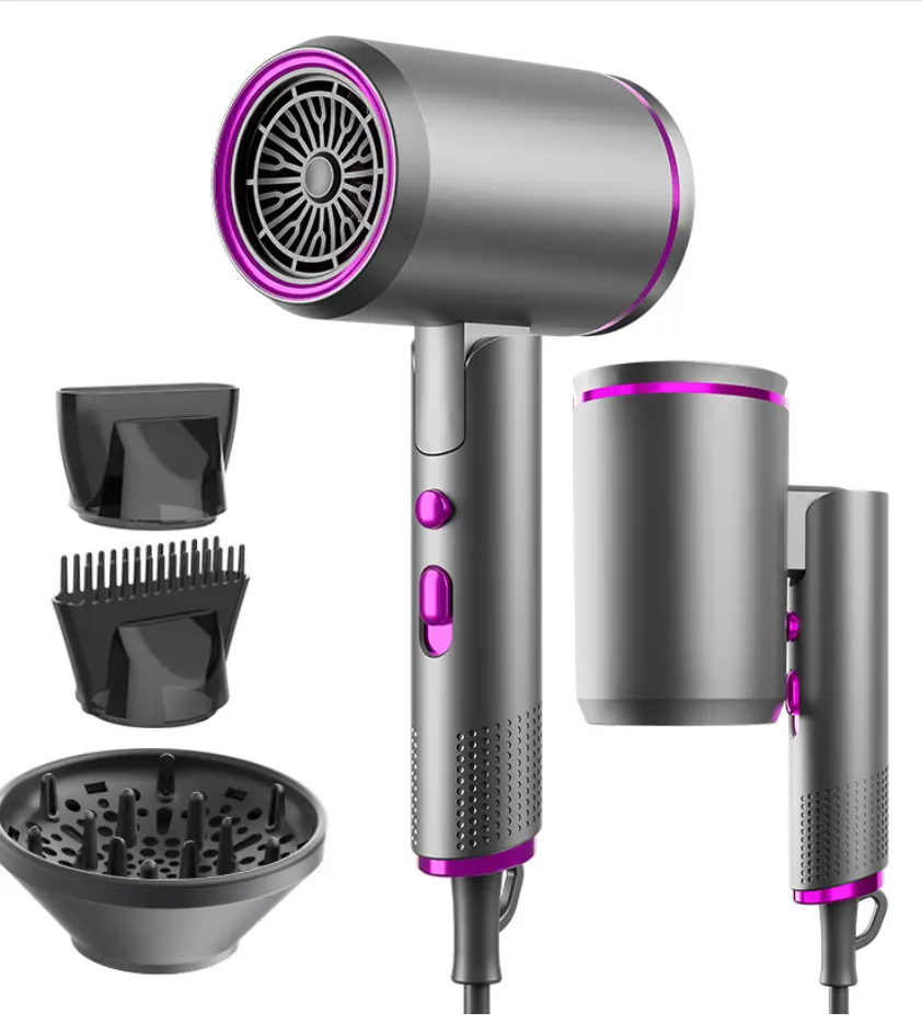 Ionic Hair Dryer 1600W Foldable, Compact Blow Dryer with 3 Nozzles (Diffuser/Concentrator/Comb), Intelligent Temp Control, Low Noise for Home/Travel (Grey)  ：
