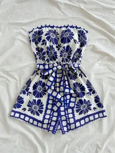 Women's All Over Print Knot Front Tube Romper, Casual Strapless Romper for Summer, Fashion Women's Clothing for Beach Holiday Vacation, Womenswear