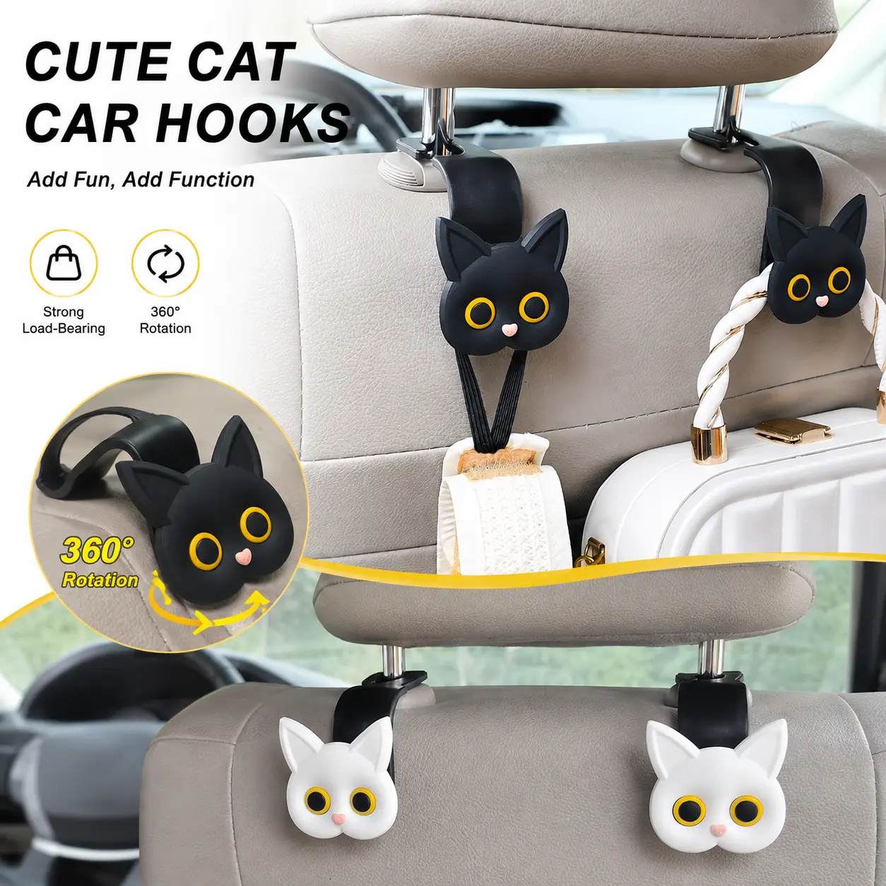 3D Cartoon Cat Design Headrest Hook, Universal Car Seat Headrest Hanger, Automotive Interior Accessories for Stowing & Tidying, Car Storage Organizer, Car Interior Accessories Girls, Car Accessories Women, Car Organizers and Storage - MM2