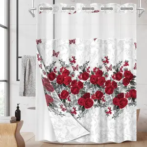1pc hookless shower curtain with buckle lining, spring pink rose flower and butterfly design, 2D flat print, fabric waterproof lining, see-through double-layer shower curtain, 71 x 74 inches, modern home draping curtain