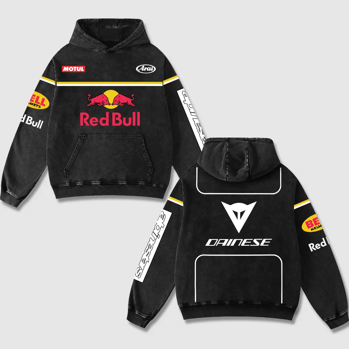 Retro Dainese x Red Bull Racing Acid Washed Hoodie MotoGP World Champion Enthusiast Apparel Streetwear Racing Team Motorcycle Clothing Motobike Riders Supermotor Off-Road Dirt Bike Fan Gear Cotton For Motor Fan