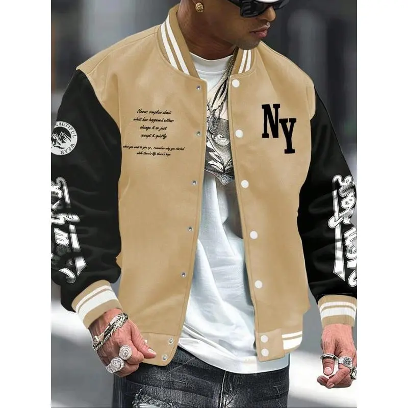 Men's Varsity Jacket Color Block Letter Graphic Long Sleeve Baseball Jacket,Bomber Baseball Coat With Pockets, Casual Loose Fit for Fall & Winter Men's Varsity Jacket Color Block Letter Graphic Long Sleeve Baseball Jacket,Bomber Baseball Coat With Pockets, Casual Loose Fit for Fall & Winter