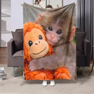 Punch Monkey Flannel Blanket – Animal Themed Throw Blanket with Realistic Baby Monkey & Stuffed Toy Print, Soft Cozy Fleece for Bed Sofa Couch, Sweet Gift for Animal Lovers & Kids