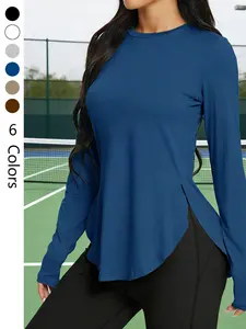 Outdoor Sports Casual Comfort Side Slit Elastic Round Neck Long Sleeve T-Shirt, Multicolor Yoga Top, Athletic Style Activewear, Cx019-(1)