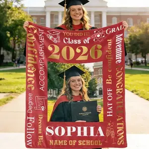 Customizable 2026 Graduation Photo Flannel Throw Blanket – Personalized Name & School Art, Ultra Soft, Graduation Gift Ideas, Customized Gifts for Graduates