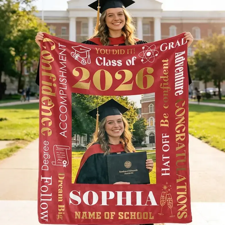 Custom 2026 Graduation Photo Flannel Throw Blanket - Personalized Name & School Art, Ultra Soft, Customized Gifts for Graduates, College-Themed Photographic Blankets