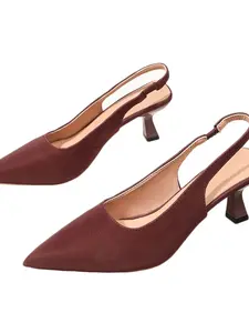 Women's Elegant Pointed Toe Satin Single Shoe, Open Back High Heel Sandals, Simple Mid-Heel, Large Size, Buckle Strap
