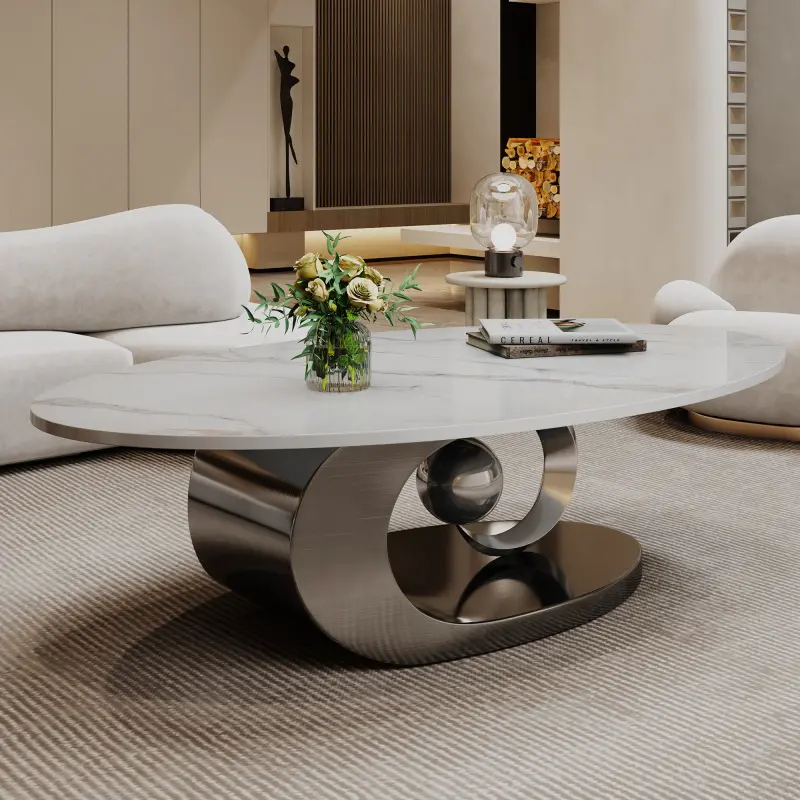 Contemporary Faux Marble Coffee Table with Veined Finish - Sculptural Stainless Steel Frame, Indoor Living Room Furniture
