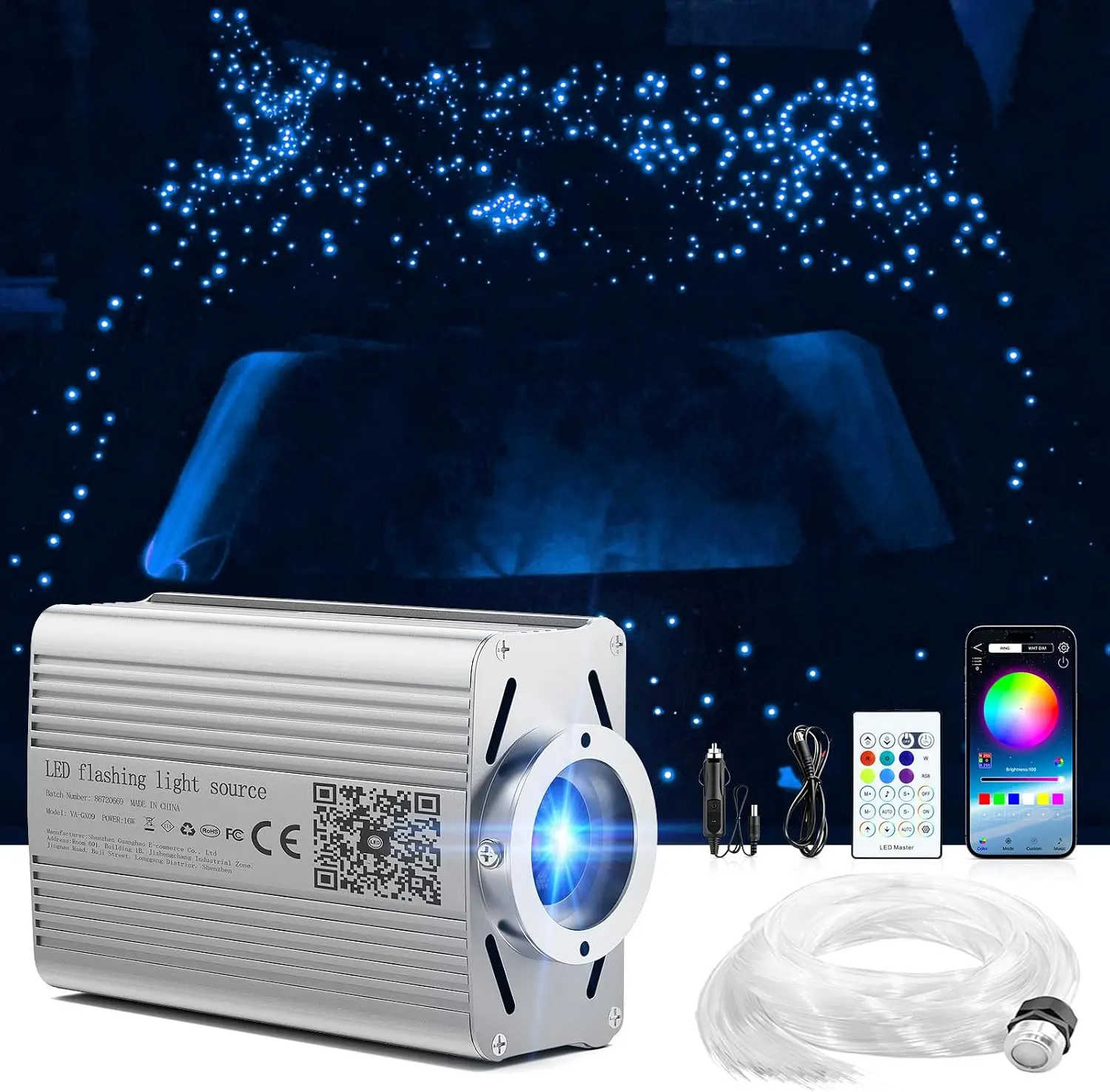 16W Car Roof Starlights, 12V Sound-Activated Car Interior Accessories with 1200 Mixed Fibers (0.1in 800pcs + 0.2in 400pcs), Remote-APP Control Color Changing Ambient Lights for Most Models (Professional Installation Required)