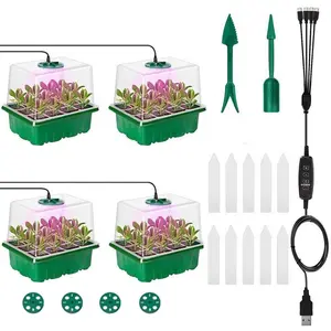 4-Piece Seedling Tray Set with Growth Light, 48-Hole Adjustable Humidity and Temperature Control, Mini Greenhouse, Hydroponic Kit, Indoor/outdoor Gardening, Plant Growing Set