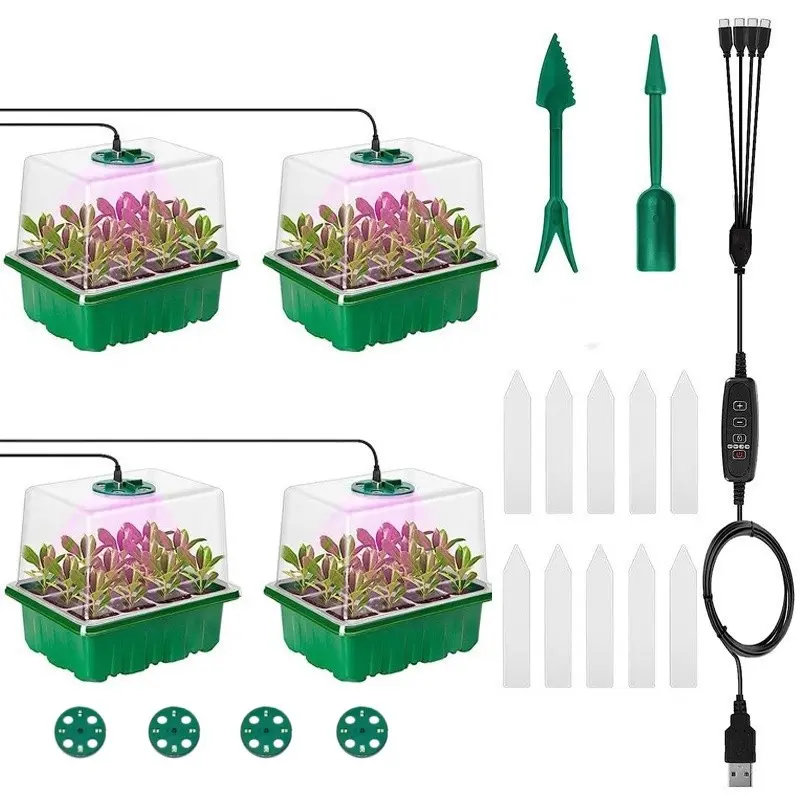 4-Piece Seedling Tray Set with Growth Light, 48-Hole Adjustable Humidity and Temperature Control, Mini Greenhouse, Hydroponic Kit, Indoor/outdoor Gardening