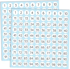 25 Sheets, 1 to 100, Number Stickers Labels - 0.4" Round, Pack of 2500