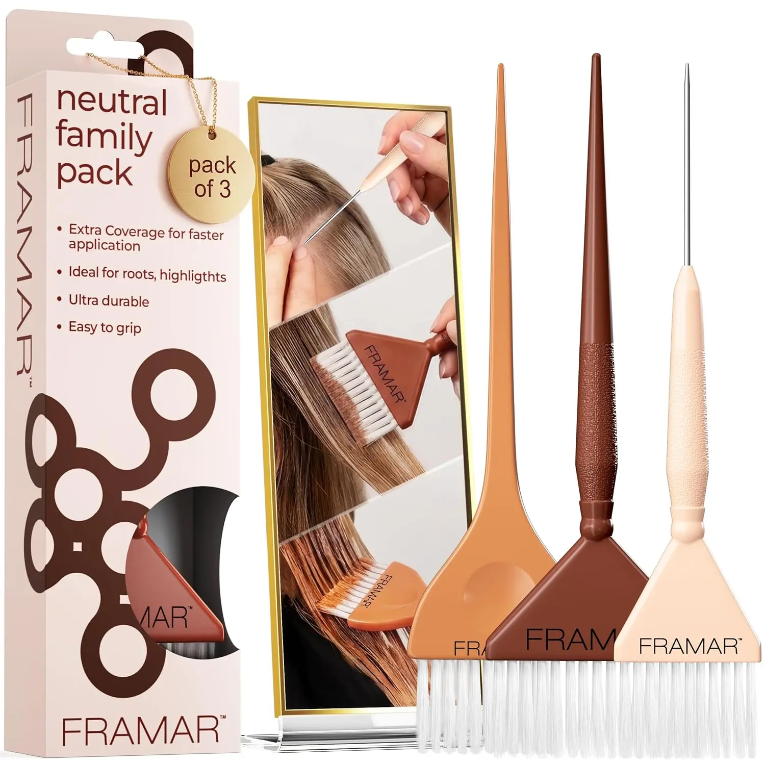Framar Family Hair Color Brush Set, Hair Dye Brush Kit – 3 Pack Neutral Hair Coloring Brushes For Hair Stylist, Tint Brushes for Hair Color, Tapered Edges For Precision