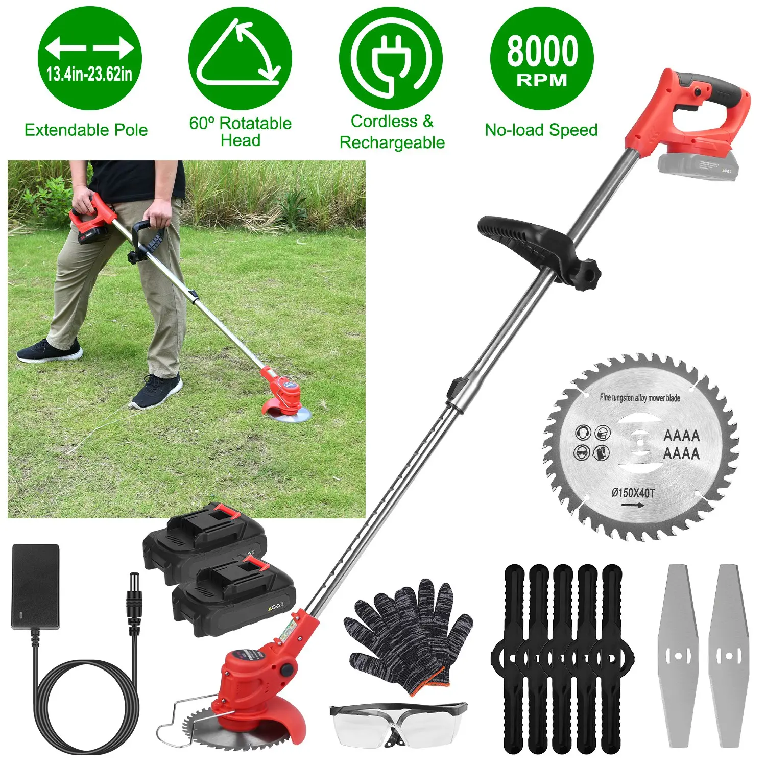 Cordless Electric Grass Trimmer Tool Kit Copper Motor 8000 RPM Max Rechargeable Outdoor Garden Weeding with 2 Alloy Saw Blades 42 Plastic Blades 2 Batteries for Swap Use Extendable Grip