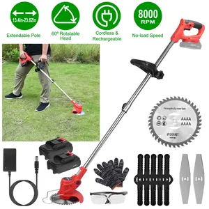 Cordless Rechargeable Grass Trimmer, Portable Electric Lawn Mower Weed Wacker Cutter, Multi Replacement Blades Set with 2 Alloy Saw Blades, 2 Alloy Blades, 10 Plastic Blades and 2 Rechargeable Batteries for Outdoor Garden Yard Weeding