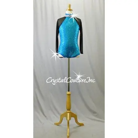 Turquoise Blue Sequined Leotard with Black Sparkly Mesh Sleeves - Swarovski Rhinestones