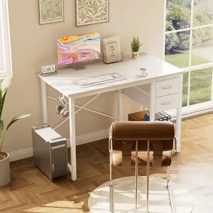 47 Inch Computer Desk with Drawers X-Shaped Reinforced Gaming Study Desk Wood Surface Side Hook Sturdy Metal Frame Large Storage for Home Office