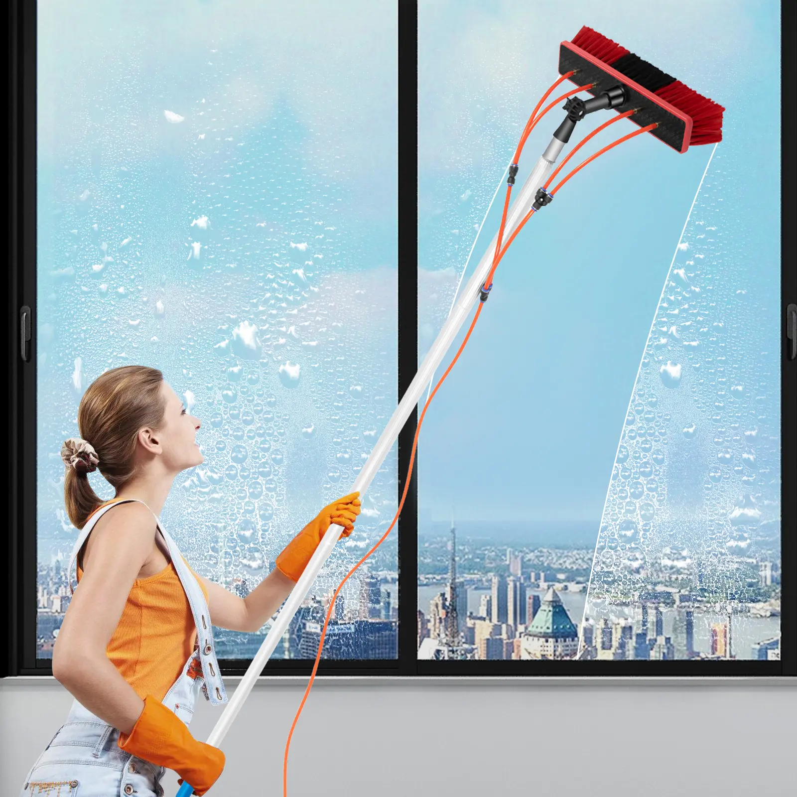 Summerwins PE Al-Alloy Convenient Window Cleaning Pole, 24.3ft (7.4m) Max Length High Reach Tool, 180° Rotatable Brush Head, 4 Water Outlets, 65.6ft (20m) Hose & Faucet Connector, Easy to Carry, Efficient Cleaning for High Windows, Trucks
