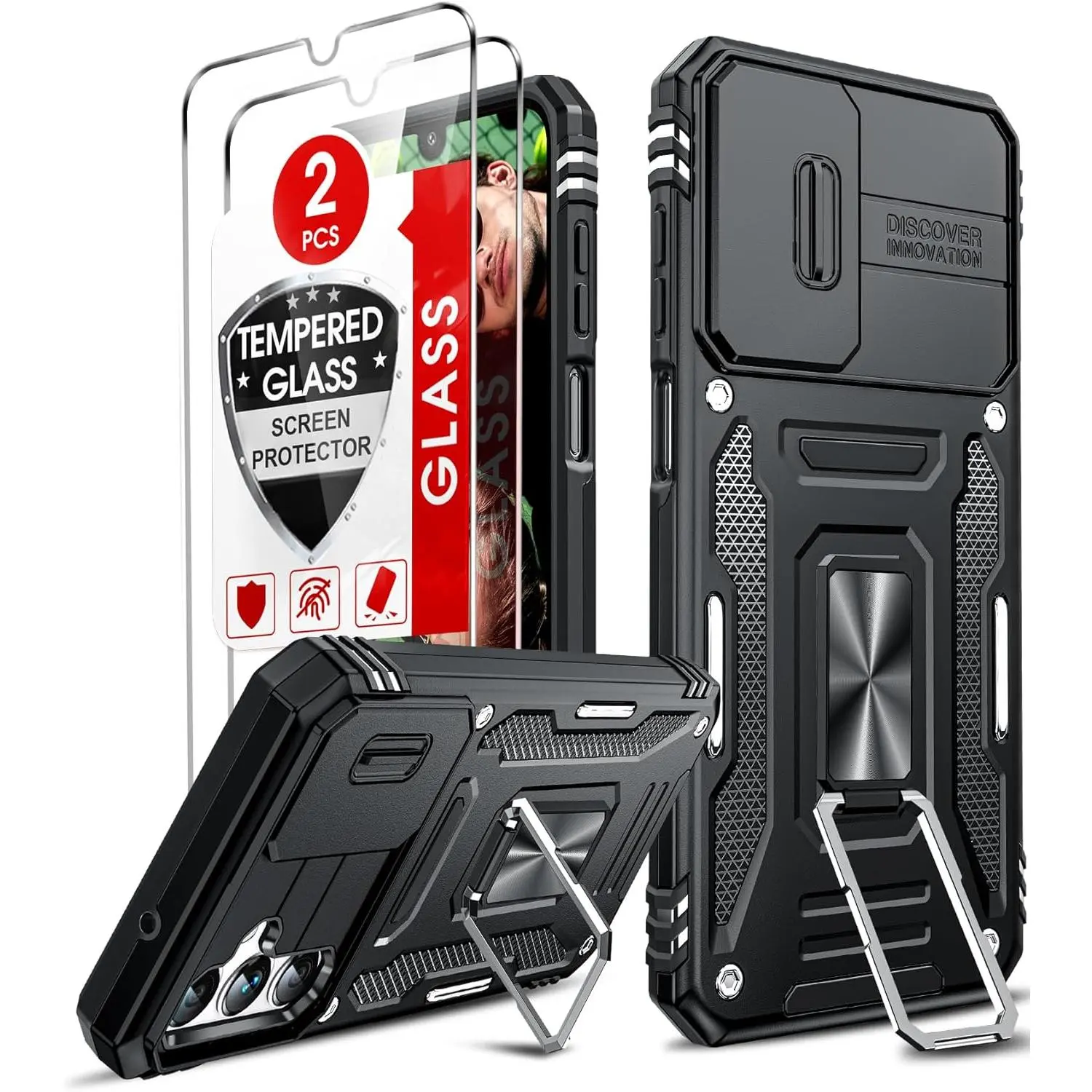 Discover Innovation Compatible for Galaxy A14-5G Phone Case with 2 Pack Tempered Glass Screen Protectors Stand & Slide Camera Cover Black - TikTok Shop Discover Innovation Compatible for Galaxy A14-5G Phone Case with 2 Pack Tempered Glass Screen Protectors Stand & Slide Camera Cover Black - TikTok Shop