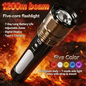 Strong Flashlight,1200m Beam,1 week on 1 charge,Five colors,High Power Outdoor Multifunctional Tactical Flashlight, Focus Adjustable, Waterproof, USB Rechargeable, Lighter Function, RGB Flow Atmosphere Light, with Stand & Strap