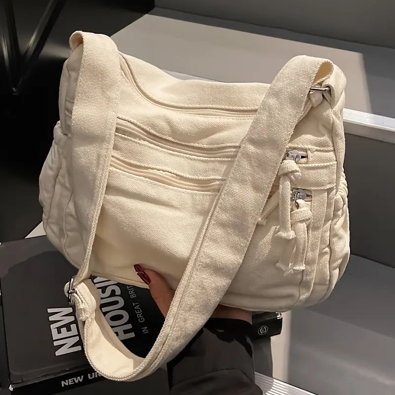Solid color simple women's crossbody bag, versatile small fabric bag, stylish and elegant shoulder bag, trendy street style phone bag, lightweight and convenient, multi-pocket, adjustable shoulder strap, suitable for various occasions such as work, partie