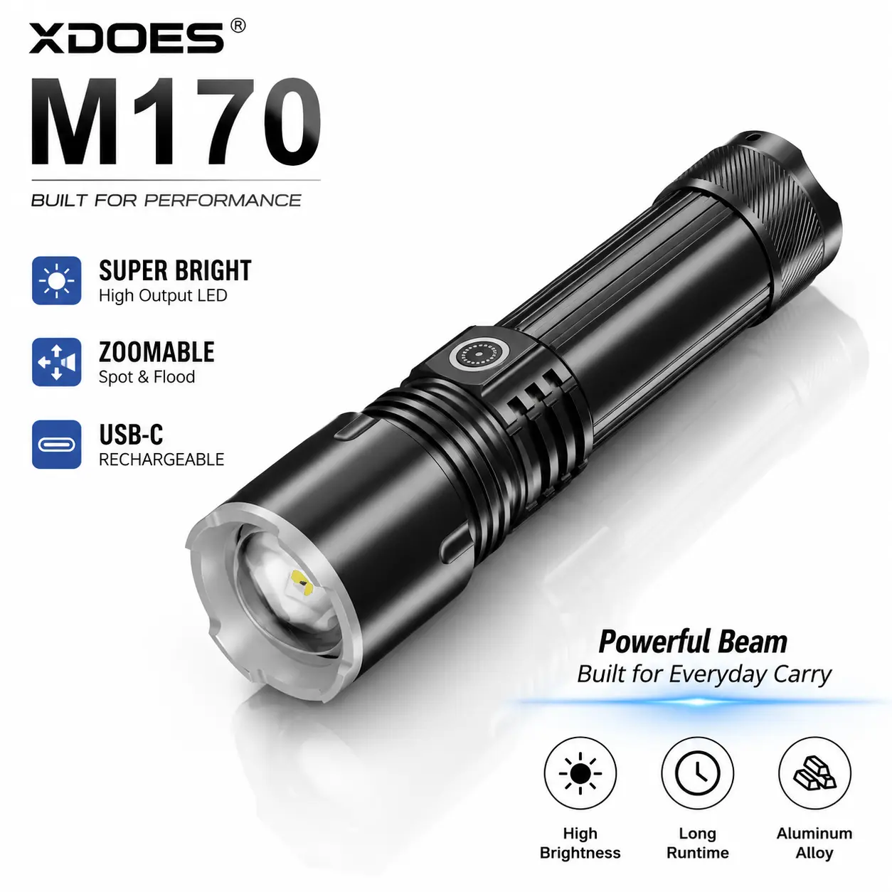 XDOES M170 Tactical Flashlight, 1000 Lumens Rechargeable Flashlight with 300M Long Beam, P50 LED Zoomable Flashlight, USB-C Charging, 26650 Battery for Camping Hiking Emergency