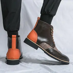 UYCEKK Men's Large Size 38-48 British Style High-Top Ankle Boots - Retro Brown & Orange Checkered Carved (Suitable for 10-13)| Thick Anti-Slip Rubber Sole, Stable Support Lace-Up Boots for Business Casual & Casual Attire