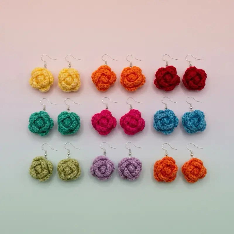 Women's Handmade Micro Crochet Rose Dangle Earrings - Non Tarnish Brass Gold Wood Costume Jewelry, Cottagecore Chic Style, Gift for Her