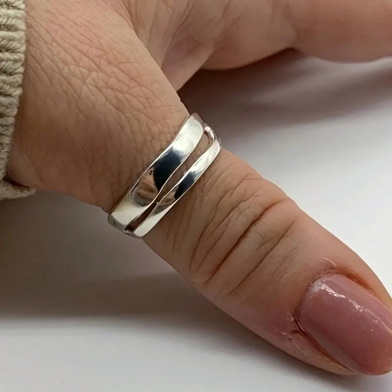 1pc Thick Asymmetrical Double-Layer Smooth Silver Adjustable Ring - Stackable Thick Band Ring - Women Jewelry, Thumb Ring, Gift For Her, Layered Rings