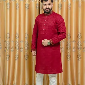 Red Men's Kurta - Classic Design, Button Closure, Button Bands, Suitable for Various Occasions
