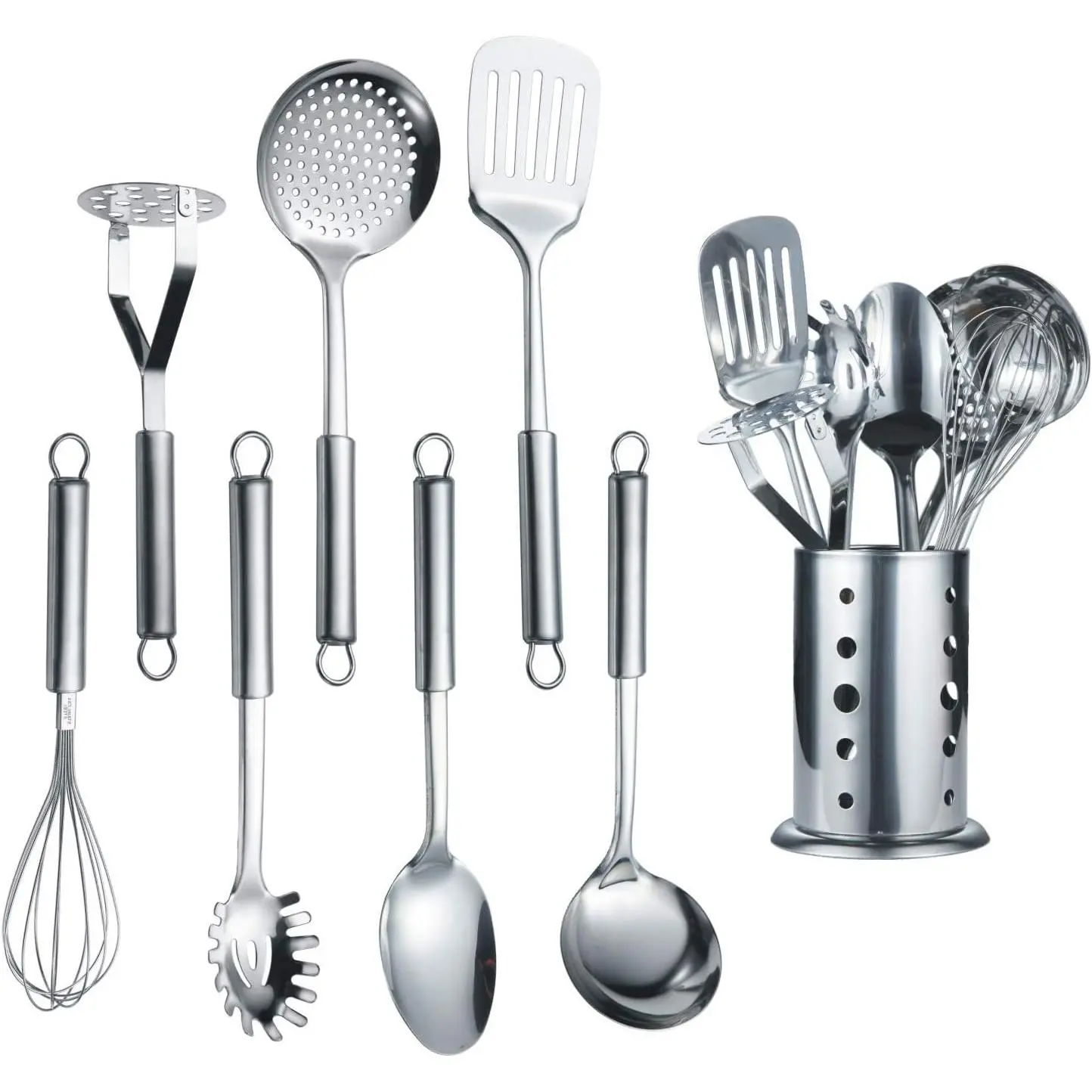 8-Piece Durable Stainless Steel Kitchen Cooking Utensil Set with Mirror Finish, Stand & Handle – Family & Loved Ones' Everyday Kitchen Accessories (Slotted Turner, Soup Ladle, Skimmer, Slotted Spoon, Serving Spoon, Pasta Server, Potato Masher, Egg Whisk)