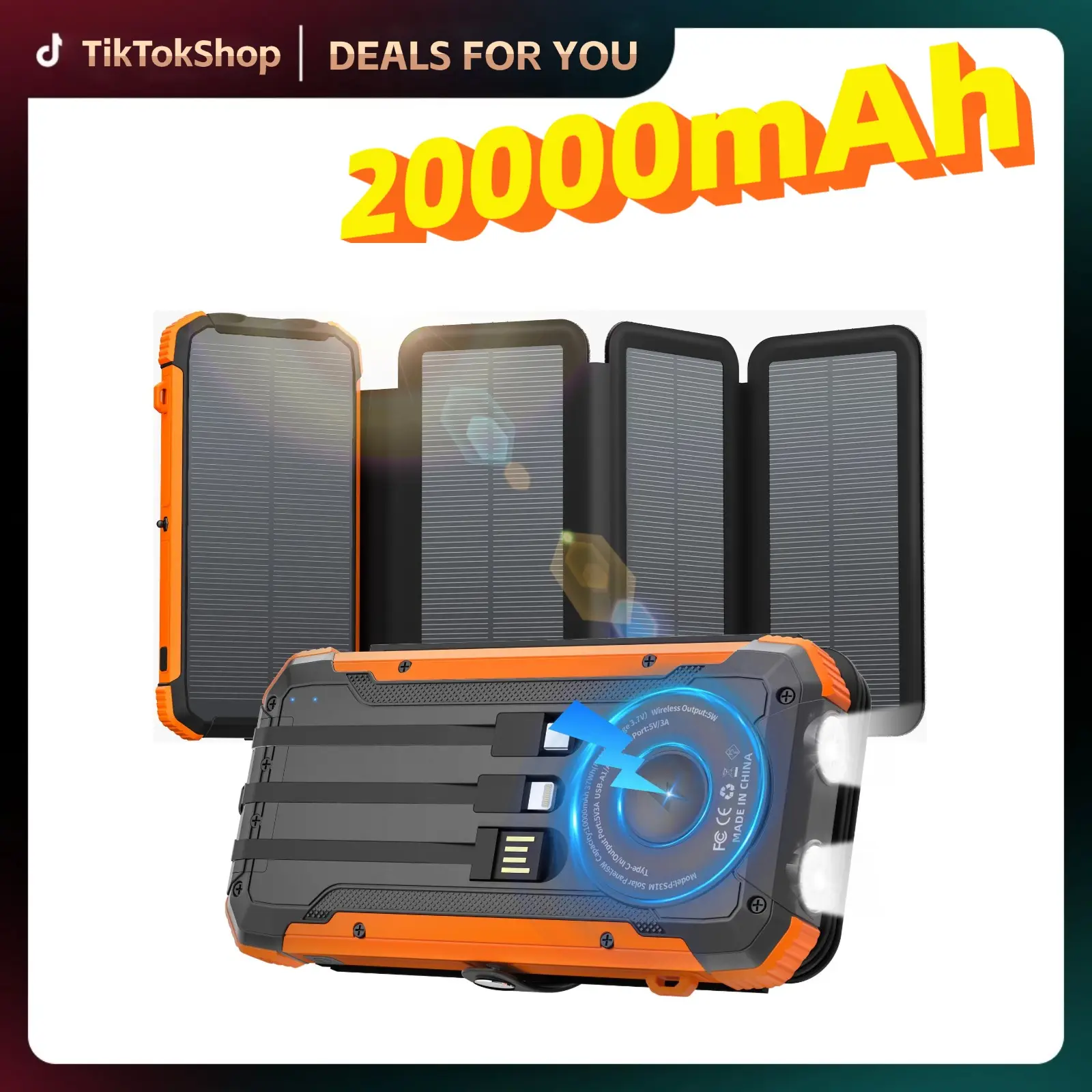 TikTokShop Two Packs of 20000mAh PD 15W Fast Solar Charger with Foldable Panels 4 Foldable Panels 15W Wireless Built-in Cables USB-C In/Out Camping Hu