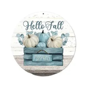 Hello Fall Pumpkin Wreath Sign - 8"X8" Round Aluminum, Perfect For Halloween & Christmas Decor, Ideal For Kitchen, Garden, Office Wall Art,Room Decor