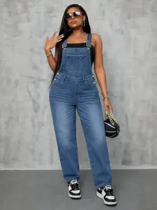 Spring Summer New Plus Size Women's Jumpsuit Overalls Washed Blue Loose Casual Comfortable Vacation Daily Wear Denim Bib Pants