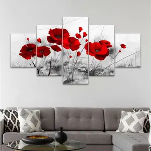Red Flower Pattern Floral Abstract Design Canvas Unframed Painting, 5 Counts/set Modern Art Wall Decor, Wall Art Decor for Home Living Room Bedroom Office, Ornaments