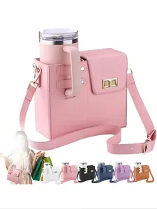 Women's Fashionable Solid Color Crossbody Bag with Cup Holder, Casual PU Leather Handbag with Adjustable Strap for Daily Used