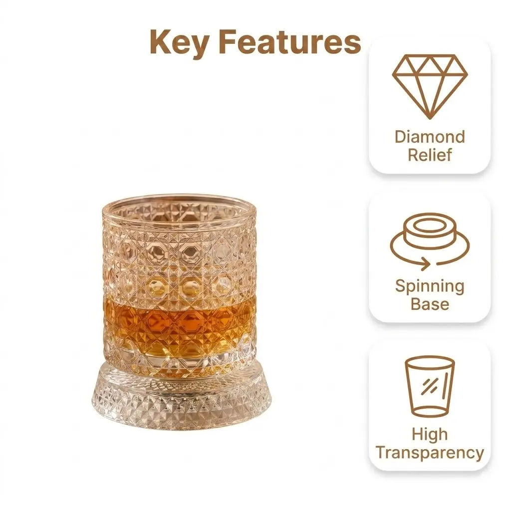 360-Degree Rotation Crystal Whiskey Glass with LED Light-Up Base - Home Bar Glassware for Bourbon, Scotch, Cocktail - Festive Party Home Supplies Gifts, Home Bar And Gifts